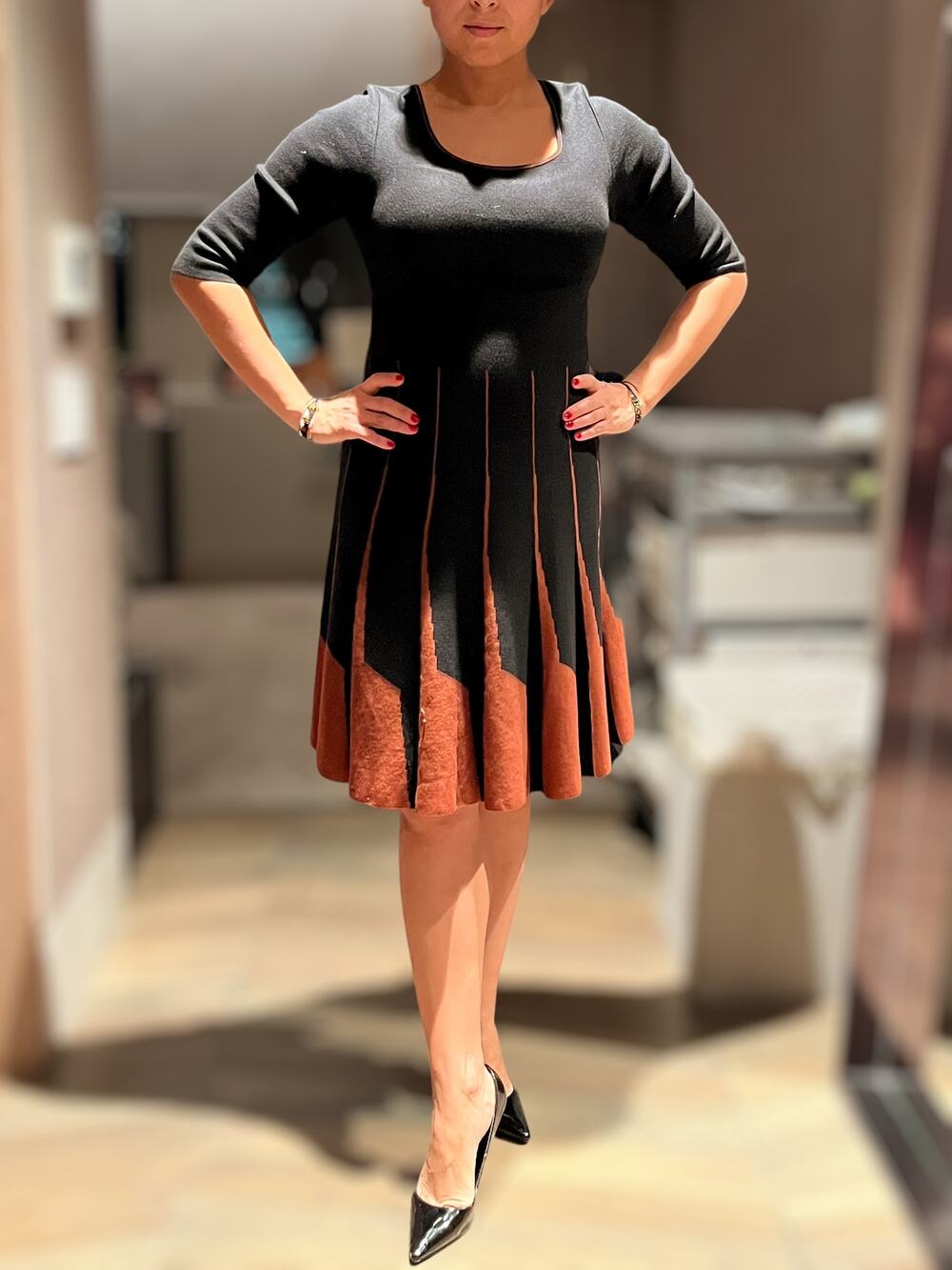 PERUVIAN CONNECTION Parc Royal Dress Pima Cotton Black/Copper A-Line Knit Small